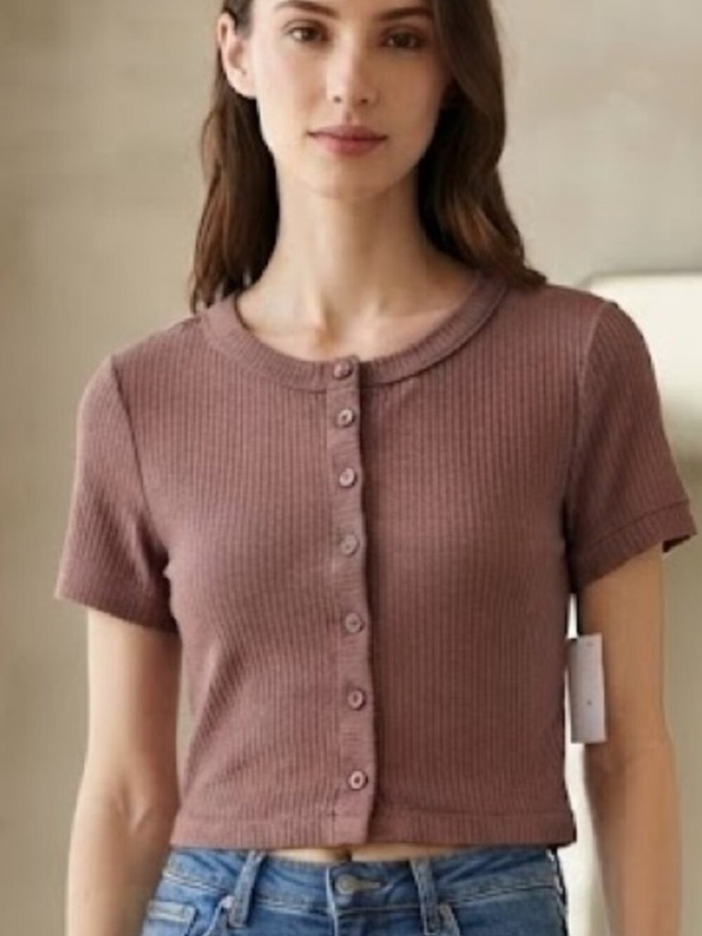Wild Fable Brown Ribbed Button Front Crop Top Women's XS Trendy NWT